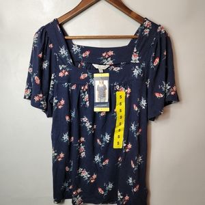 Lucky Brand Short Sleeve Tee Square Neck Top Blouse Navy Floral